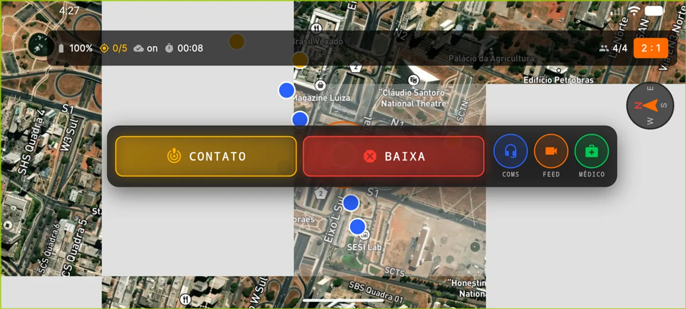 Tela real do ORYX: mapa tático ao vivo em Brasília com botões de contato, baixa, voz e médico