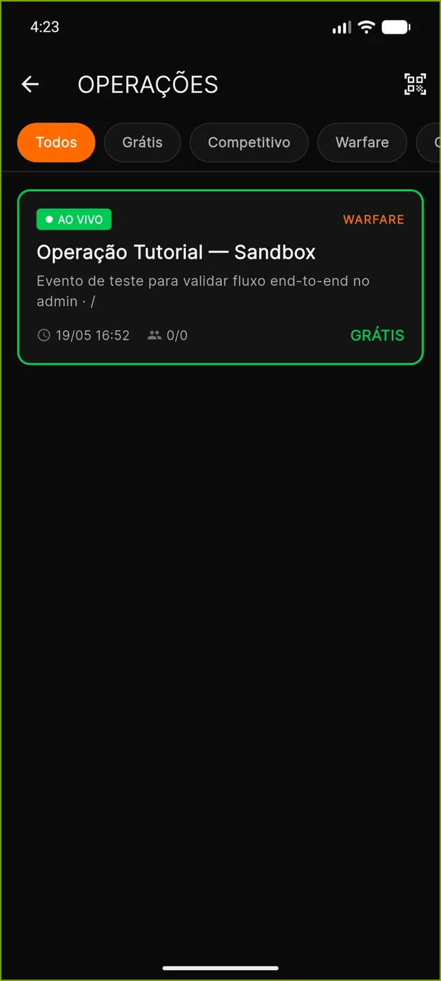 Tela real do ORYX: lista de operações com filtros Todos, Grátis, Competitivo e Warfare, e um evento ao vivo