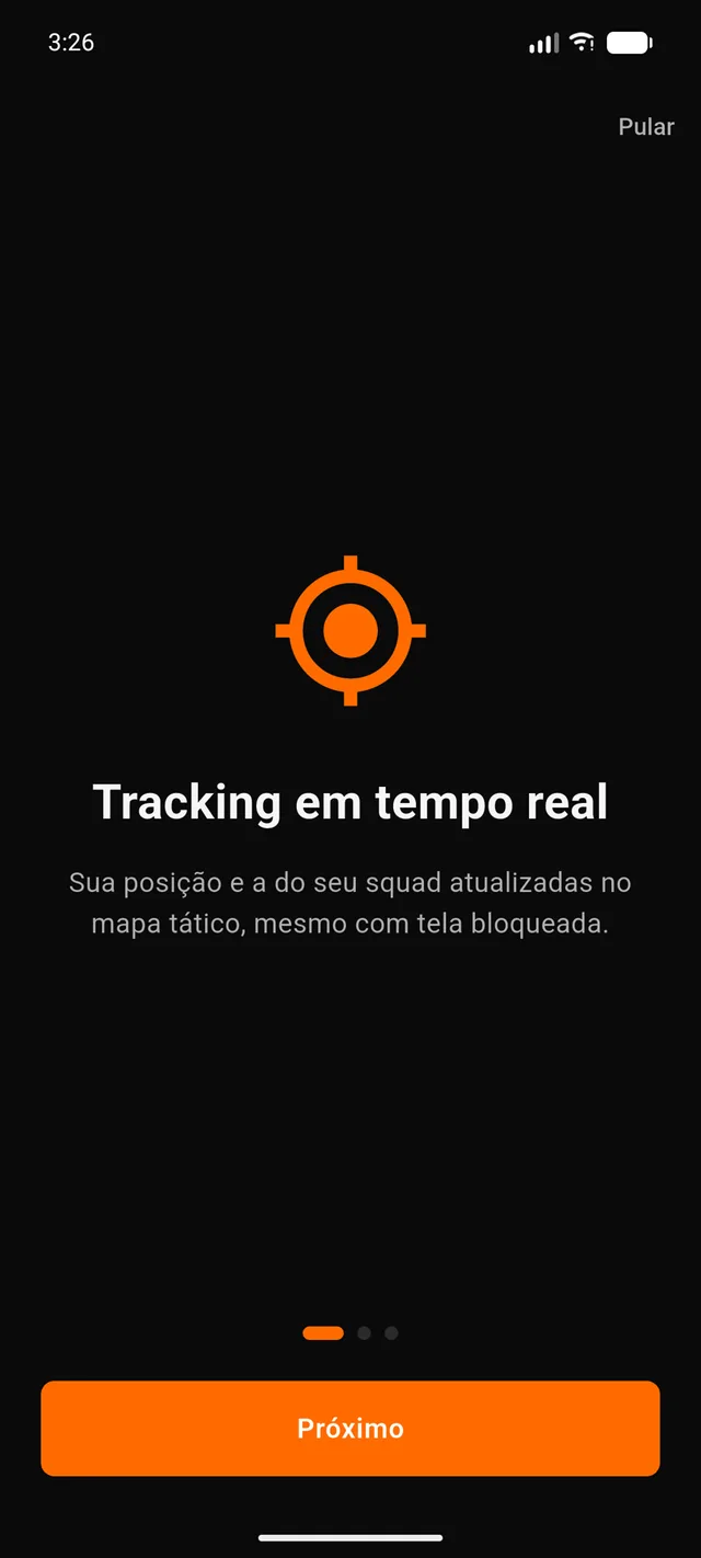 Tela real do onboarding do ORYX: tracking em tempo real, mesmo com tela bloqueada