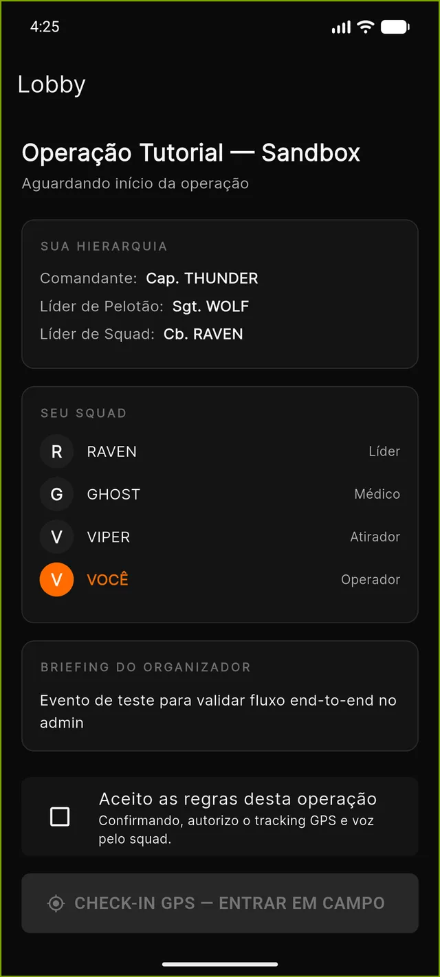 Tela real do ORYX: lobby da operação com hierarquia, squad com papéis e botão de check-in GPS